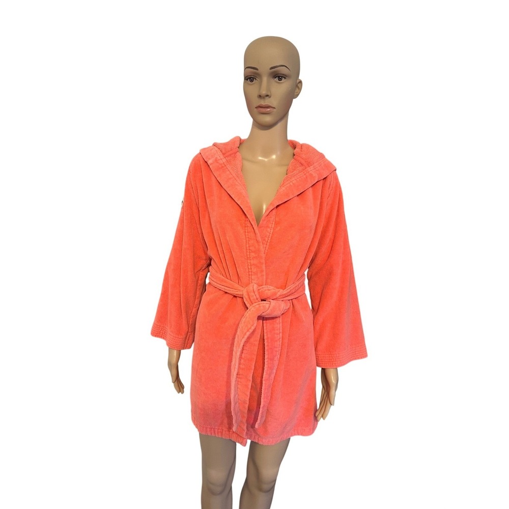 Lacoste Women Coral Orange Hooded Cotton Terry Cloth Bath Robe Short Belted Logo